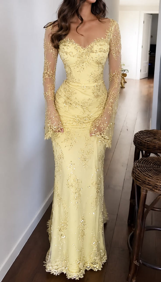Stunning Yellow Sheath Long Sleeve Sequin Tulle Prom Dress Evening Dress DP7525