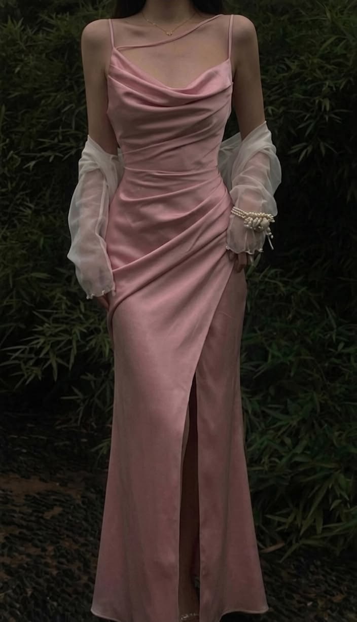 Pink Mermaid Spaghetti Strap Simple Satin Slit Prom Dress Party Dress DP6553