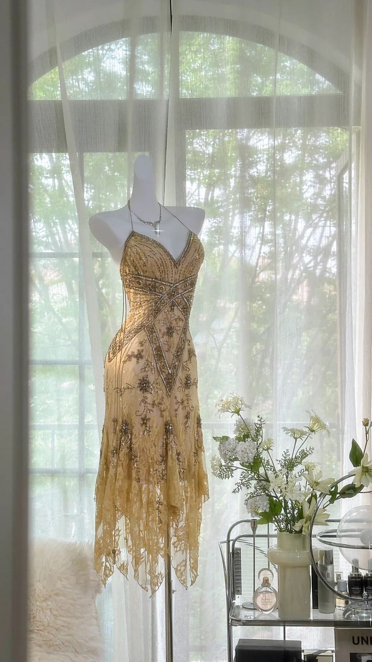 Yellow Retro Luxury Exquisite Lace Beaded Irregular Prom Dress Evening Dress DP3205