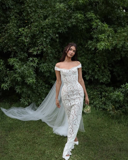 Vintage Sheath Off the Shoulder White Lace Long Wedding Dress DP6862