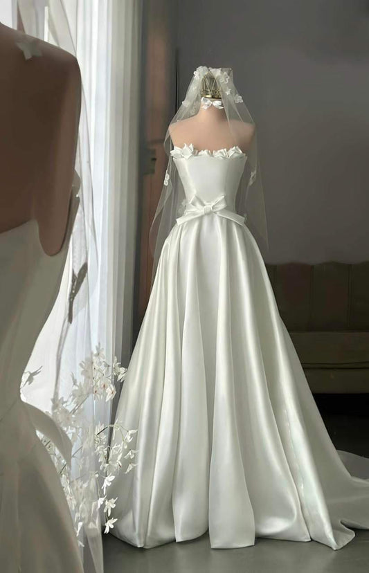 Cute Bow A Line Strapless White Satin Prom Dress Wedding Dress DP3605