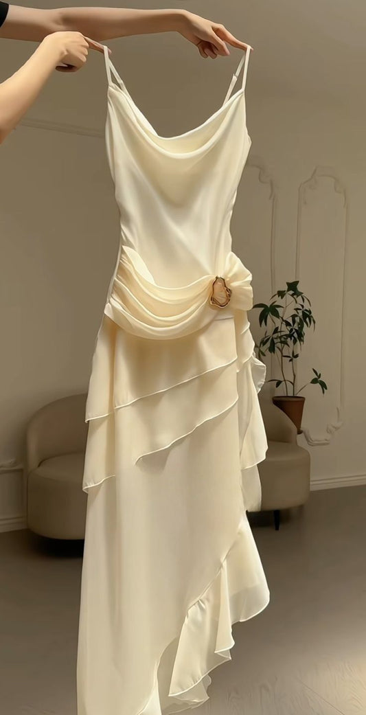 Elegant A Line Spaghetti Straps Ivory Chiffon Tea Length Prom Dress DP1467