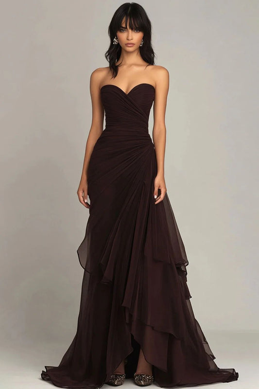 Classic Dark Brown Mermaid Strapless Pleated Chiffon Long Prom Dress Evening Dress DP3829