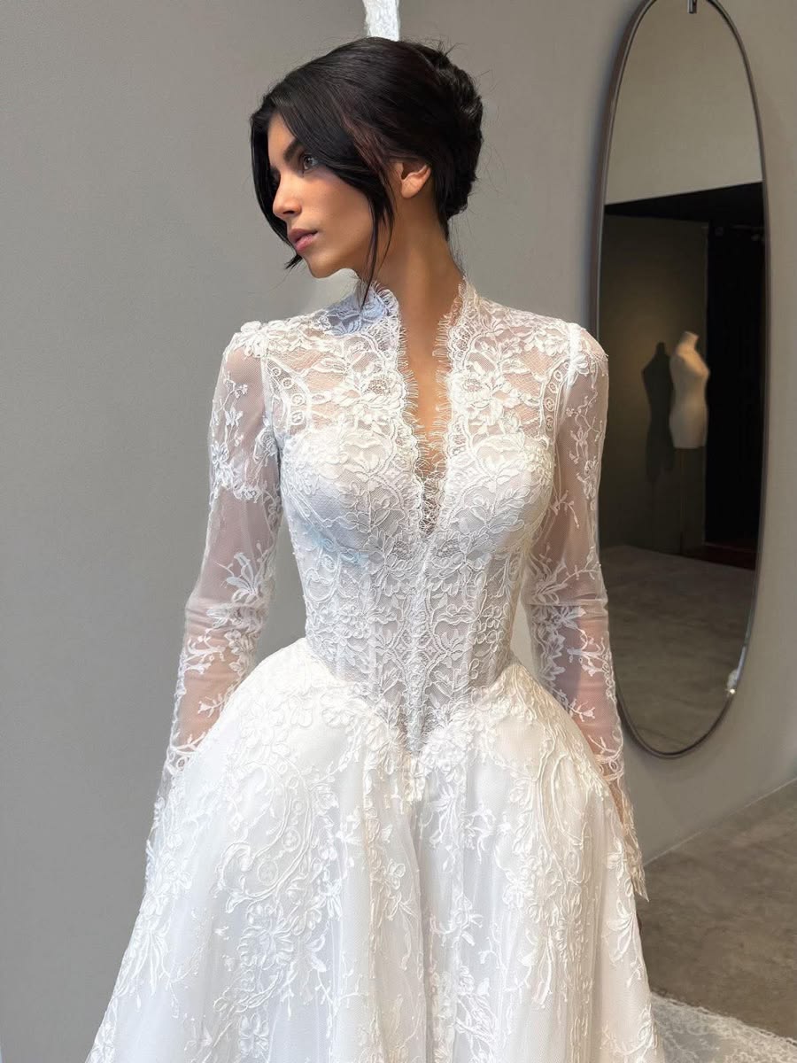 Elegant A Line Long Sleeve V Neck White Lace Long Wedding Dress DP8006