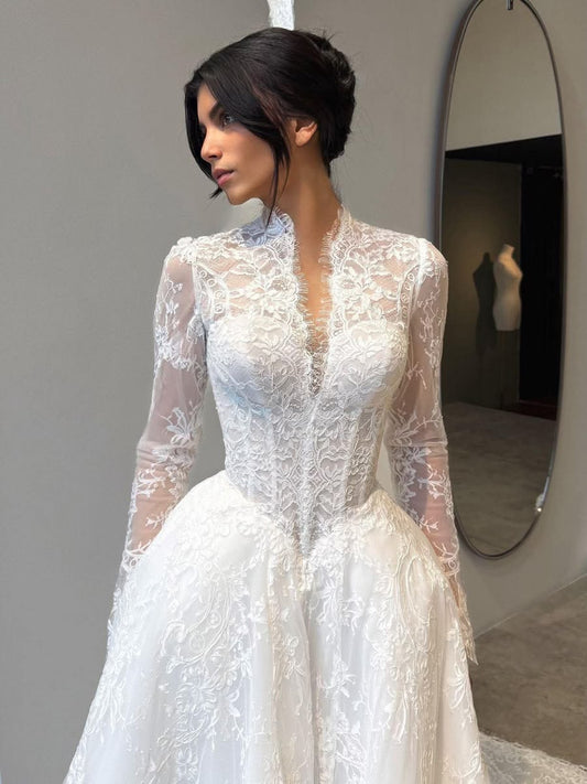 Elegant A Line Long Sleeve V Neck White Lace Long Wedding Dress DP8006
