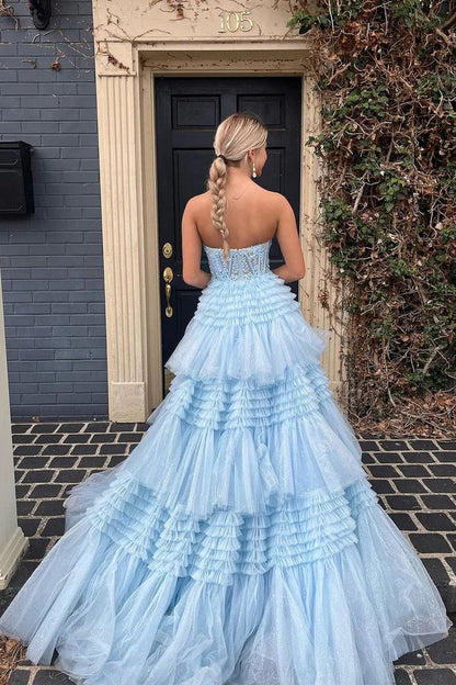 A Line Strapless Layered Tulle Long Prom Dresses With Slit DP773