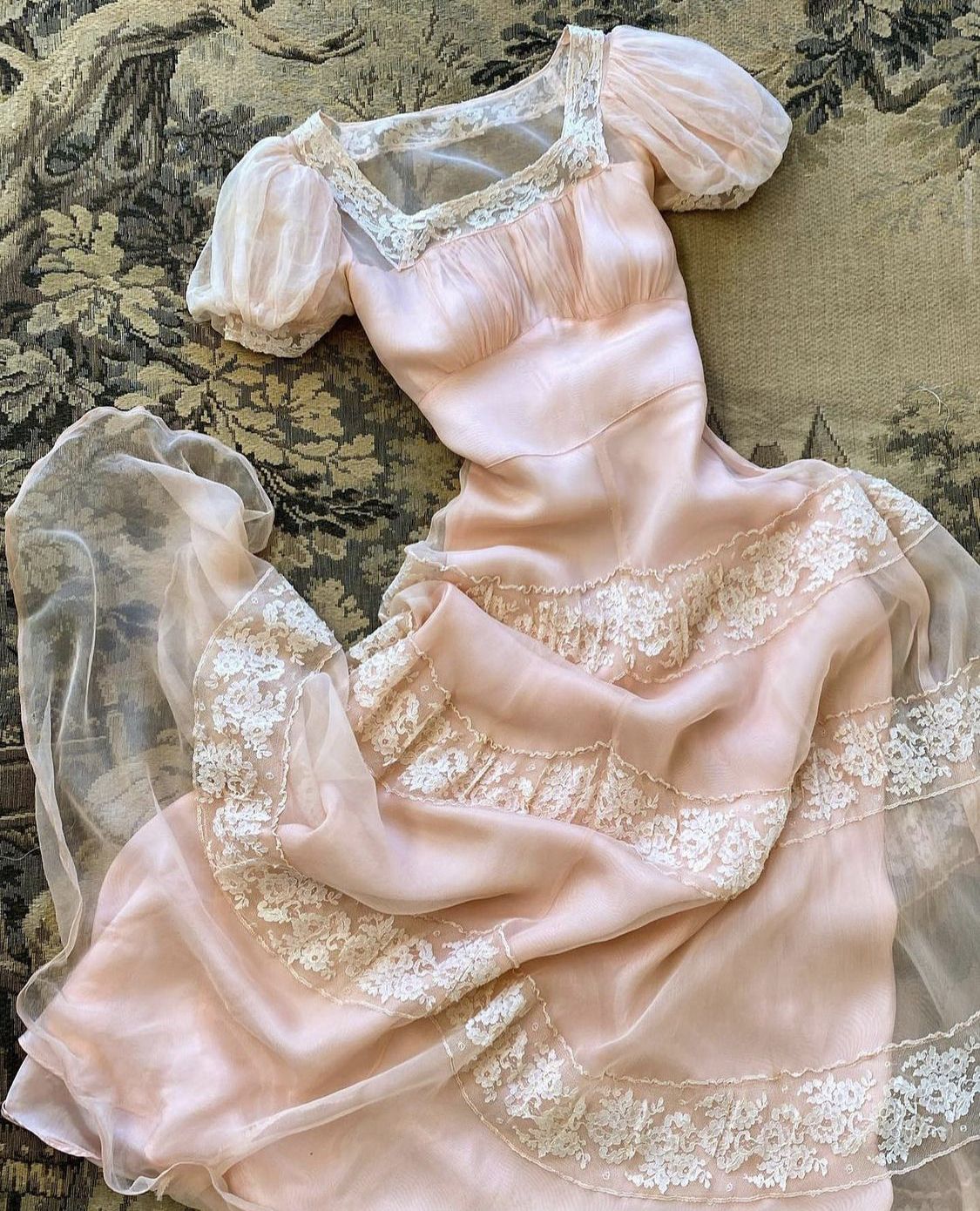 Vintage A Line Puff Sleeve Lace Pink Chiffon Prom Dress Date Dress DP7007