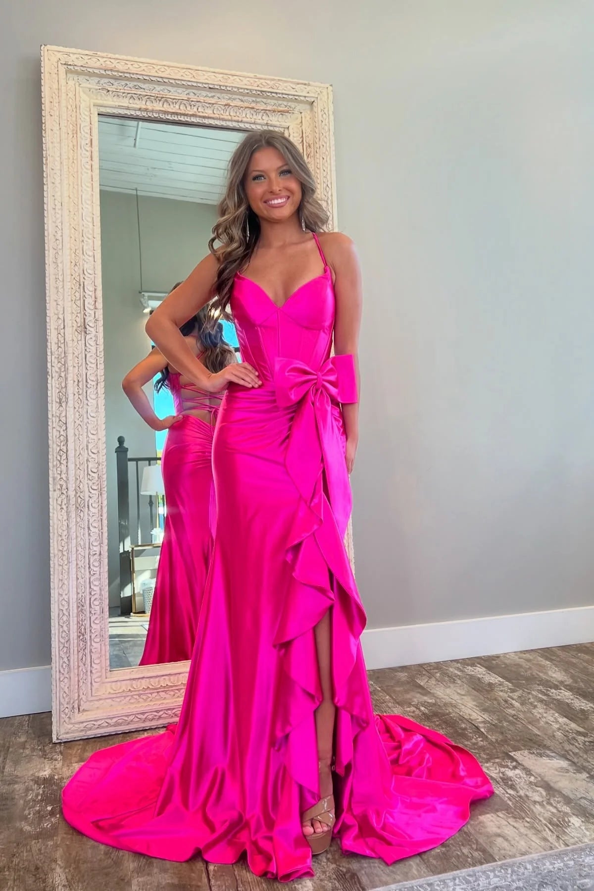 Lovely Pink Mermaid Lace Up Long Satin Prom Dress with Bowknot and Slit DP7719