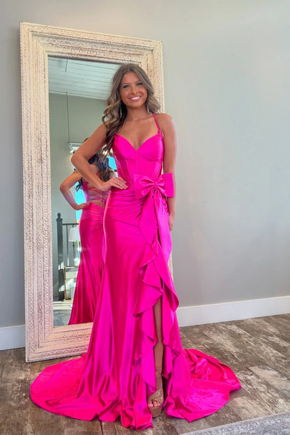 Lovely Pink Mermaid Lace Up Long Satin Prom Dress with Bowknot and Slit DP7719