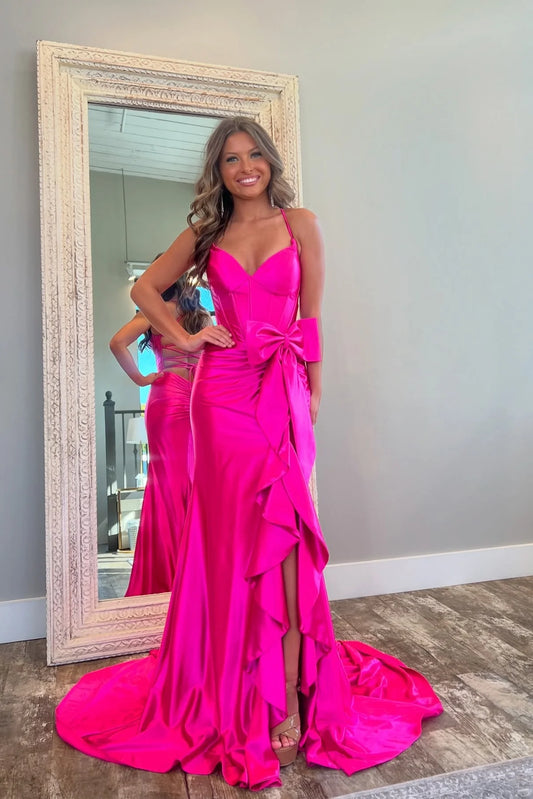 Lovely Pink Mermaid Lace Up Long Satin Prom Dress with Bowknot and Slit DP7719