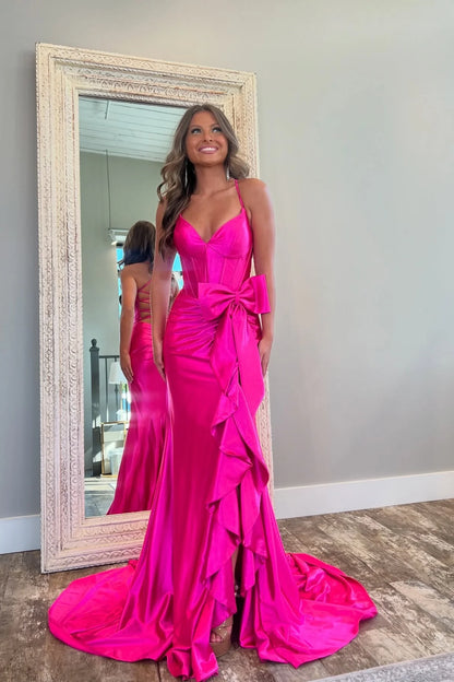 Lovely Pink Mermaid Lace Up Long Satin Prom Dress with Bowknot and Slit DP7719