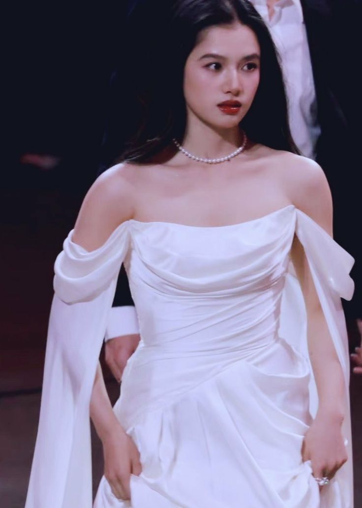 Simple White Gentle Off the Shoulder Satin Long Sweep Prom Dress Party Dress DP3058