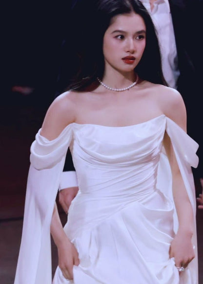 Simple White Gentle Off the Shoulder Satin Long Sweep Prom Dress Party Dress DP3058
