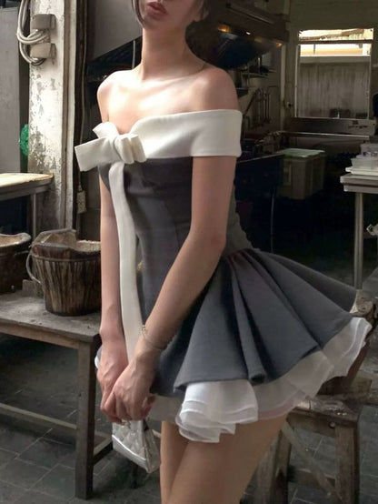 Cute A Line Strapless Bow Grey Satin Short Homecoming Dress Cocktail Dress DP2541