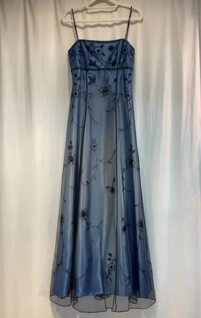 Vintage A Line Spaghetti Strap Beaded Chiffon Blue Satin Prom Dress Graduation Prom Dress DP2196