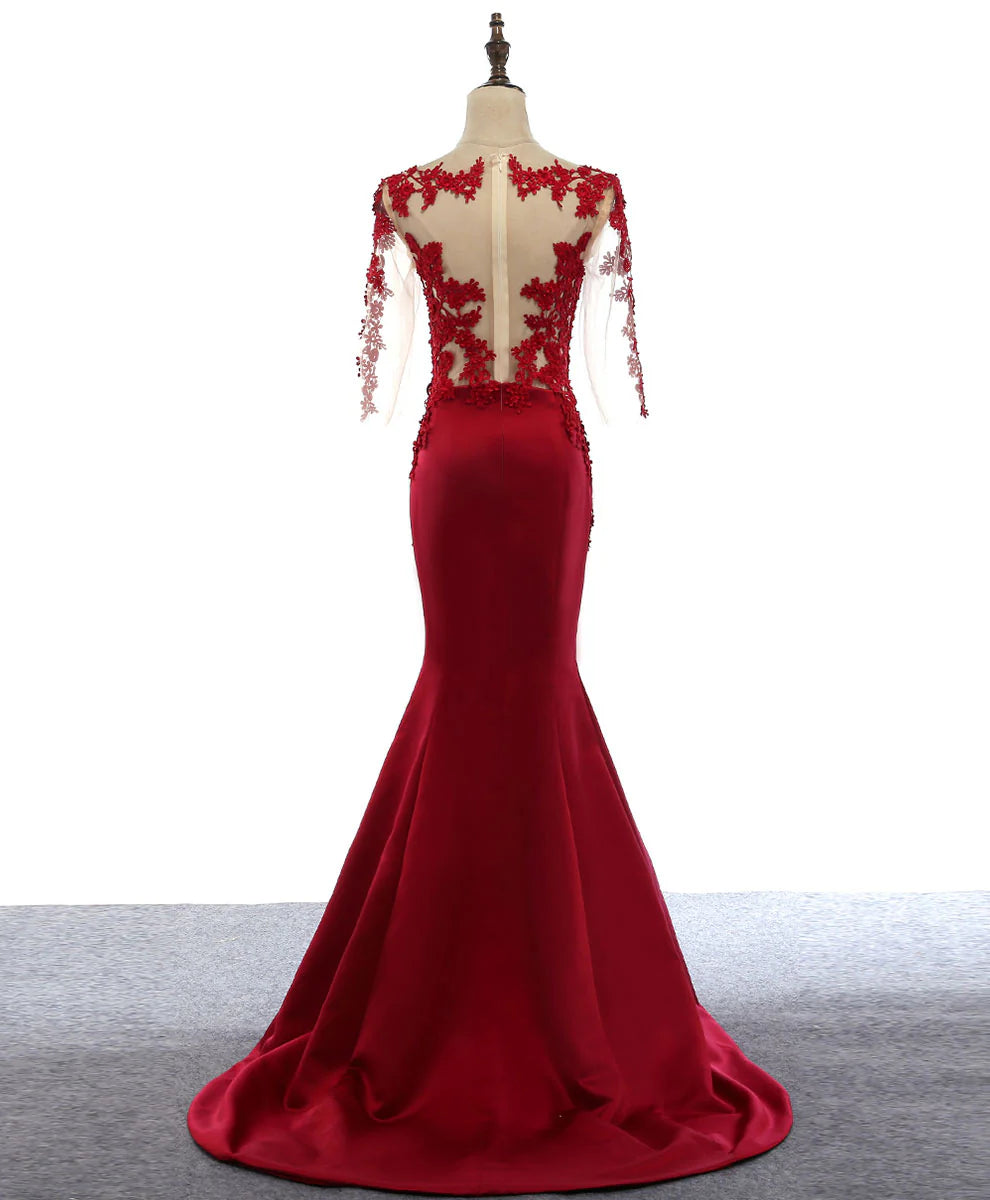 Burgundy Mermaid Round Neck Lace Satin Long Prom Dress Formal Dress DP1161