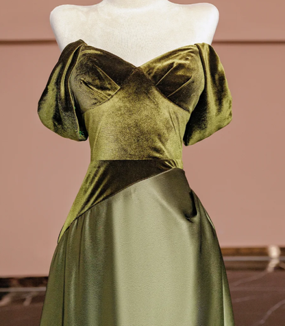 Olive Green Ball Gown Off the Shoulder Velvet Satin Prom Dress Wedding Guest Dress DP3878