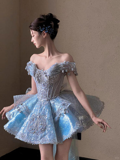 Blue A Line Off the Shoulder Exquisite Beaded Sequin Short Homecoming Dress DP4601