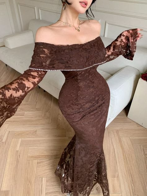 Sexy Brown Mermaid Long Sleeve Lace Prom Dress Evening Dress DP7515