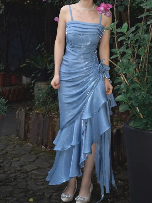 Blue Vintage Floral Spaghetti Strap Satin Prom Dress Asymmetrical Hem Prom Gown DP2034