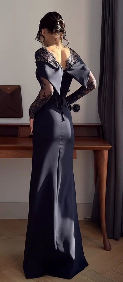 Elegant Brown Sheath Long Sleeve Lace Satin Prom Dress Date Dress DP5102