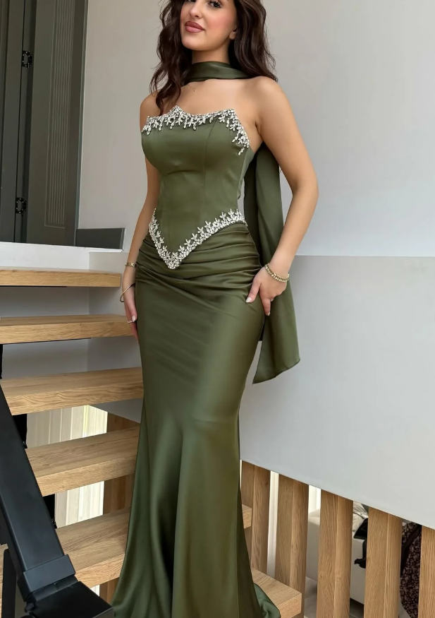 Olive Green Sheath Strapless Exquisite Beaded Satin Prom Dress Evening Dress DP5029
