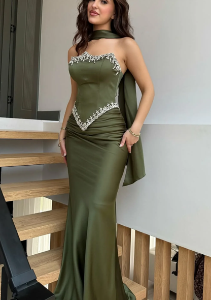 Olive Green Sheath Strapless Exquisite Beaded Satin Prom Dress Evening Dress DP5029