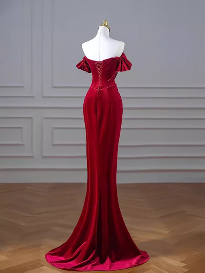 Elegant Mermaid Burgundy Velvet Prom Dress Evening Dress DP095