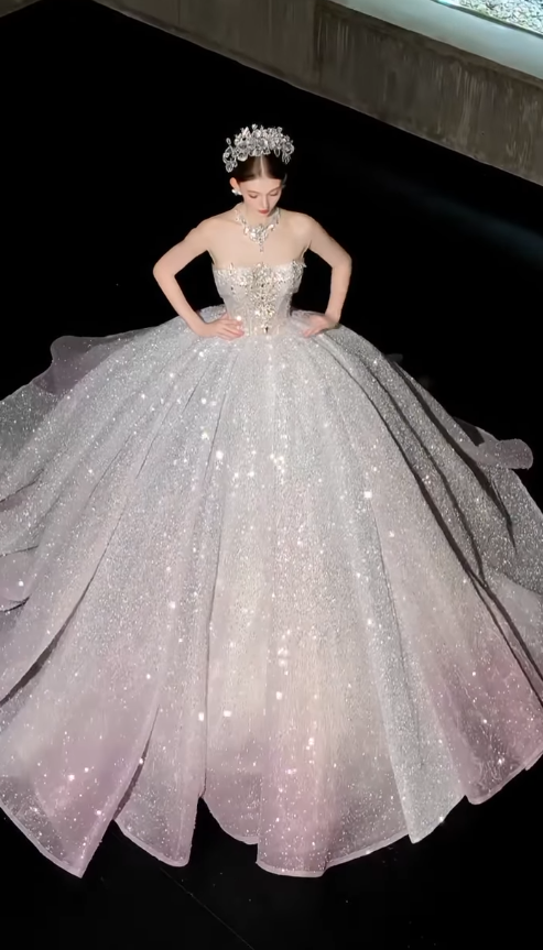 Shiny Ball Gown Strapless Exquisite Beaded Pink Ombre Sequin Prom Dress DP4386