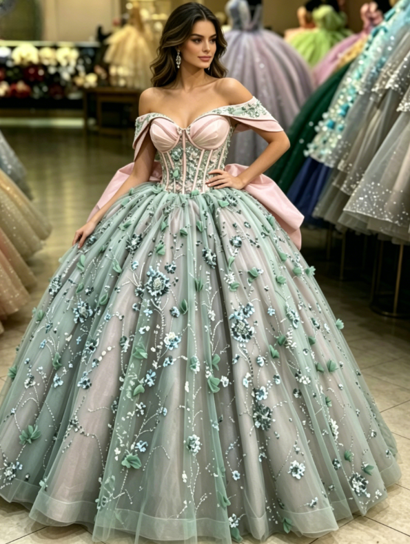 Pink Green Off the Shoulder Corset Sequin Tulle Ball Gown Sweet 16 Dress Quinceanera Dress DP1839