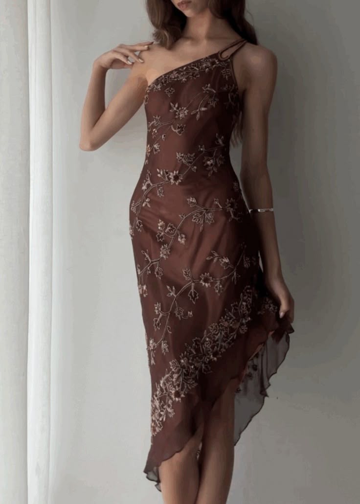 Retro Brown Exquisite Beaded Sheath One Shoulder Homecoming Prom Dress Date Dress DP3055