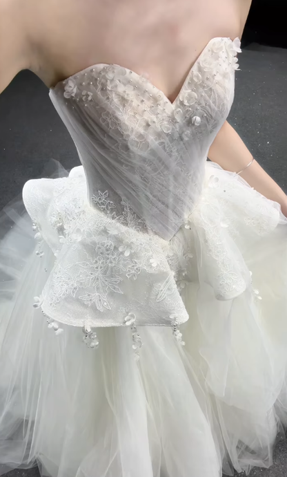 Fairy Ball Gown Strapless White Appliques Tulle Long Wedding Dress DP7867