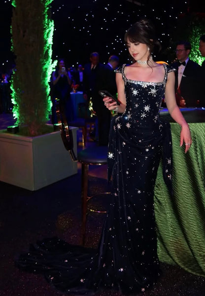 Stunning Navy Blue A Line Strap Shiny Beaded Velvet Long Prom Dress Evening Dresses DP7585