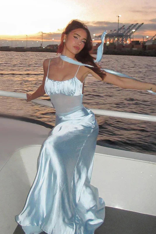 Baby Blue A Line Spaghetti Straps Satin Prom Dress Evening Dress DP5589