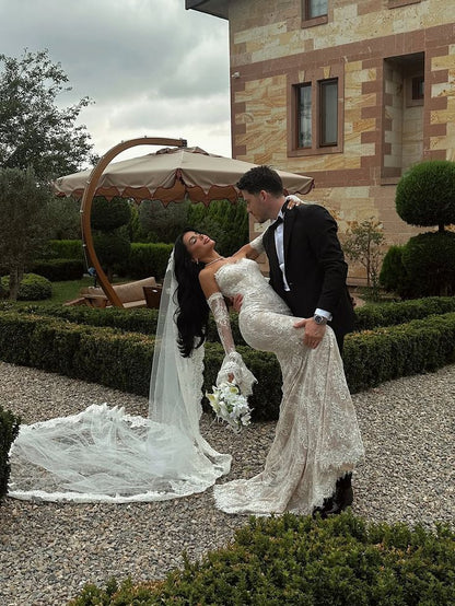 Sexy Mermaid Sweetheart Neck White Lace Long Train Wedding Dress DP6848