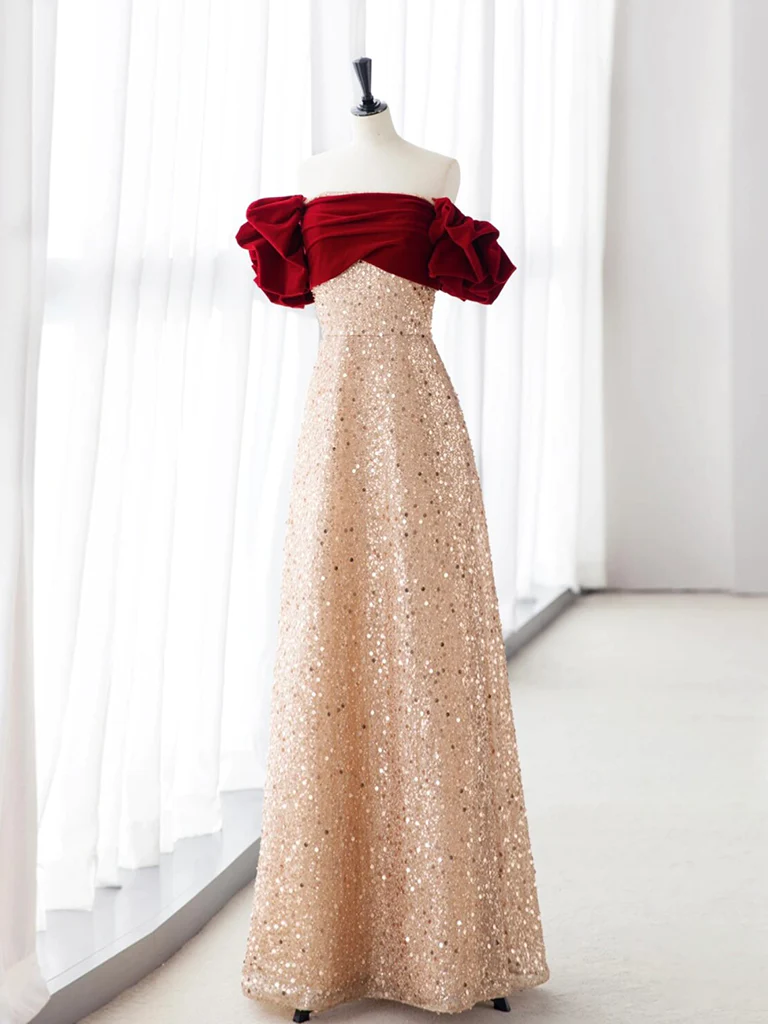 Elegant Champagne Sequin Long Prom Dress Party Evening Dress DP022