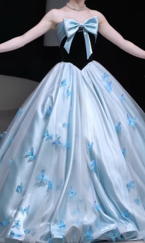 Princess Ball Gown Bow Butterfly Blue Tulle Satin Long Prom Dress DP4646
