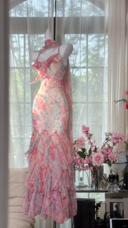 Pink Print Floral Beaded Romantic Ruffle Chiffon Evening Gown Birthday Gown DP2914