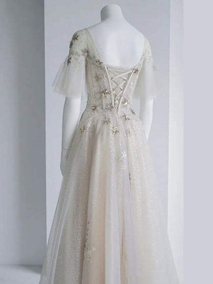 A Line Round Neck Star Sequin Tulle Prom Dress Evening Dress DP1176