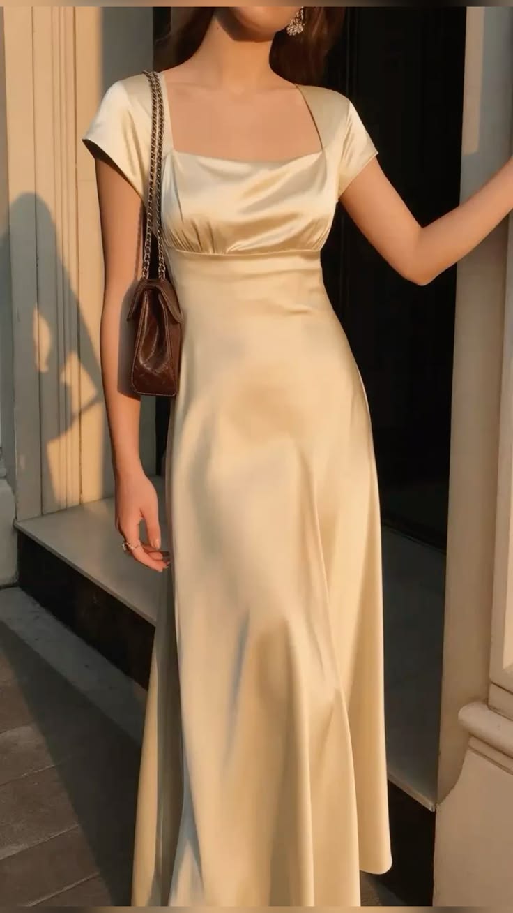 Simple Apricot A Line Square Neck Satin Long Prom Dress Evening Dress DP7481