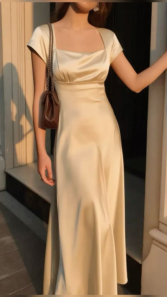 Simple Apricot A Line Square Neck Satin Long Prom Dress Evening Dress DP7481