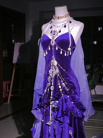 Stunning Purple Mermaid Spaghetti Strap Ruffle Velvet Prom Dress DP4158(Accessories not included)