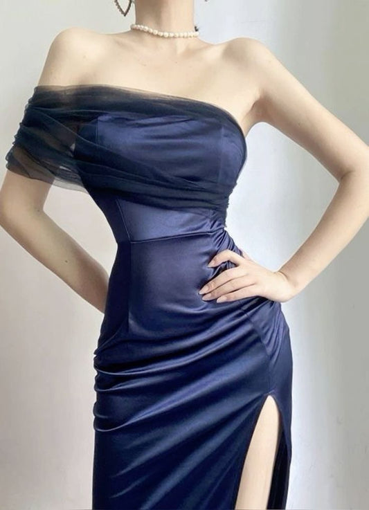 Navy Blue Sheath One Shoulder Tulle Satin Homecoming Prom Dress Date Dress with Slit DP3056
