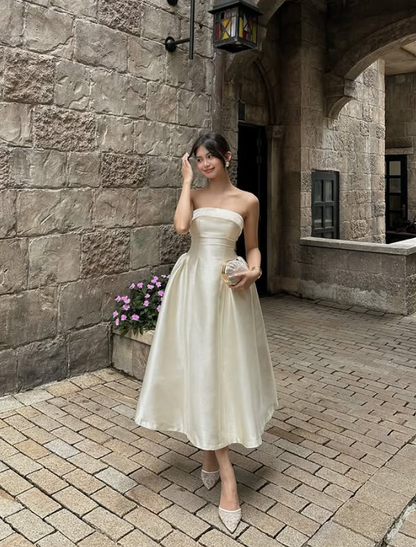 Simple Cute White A Line Strapless Satin Prom Dress 22th Birthday Dress DP3978