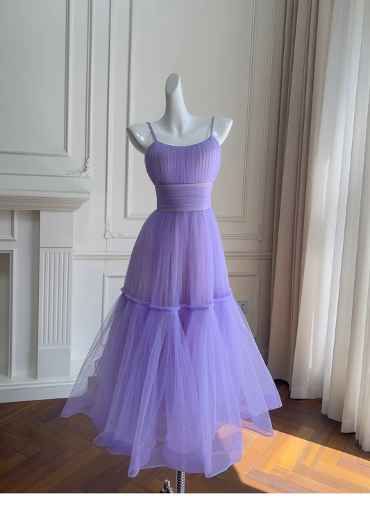 Dreamy A Line Spaghetti Strap Purple Tulle Prom Dress Wedding Guest Dress DP2452