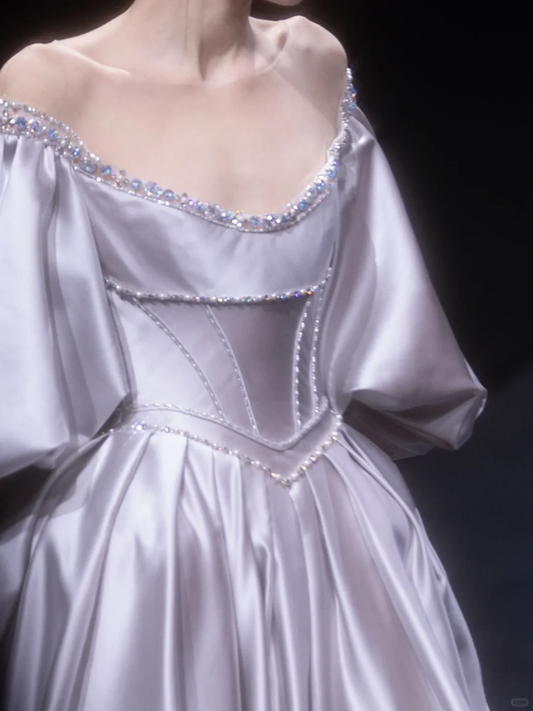 Gorgeous A Line Long Sleeve Beaded Satin Prom Dress Party Dress DP2624