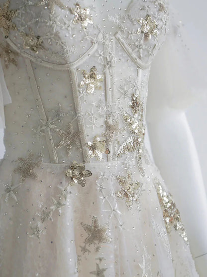 A Line Round Neck Star Sequin Tulle Prom Dress Evening Dress DP1176