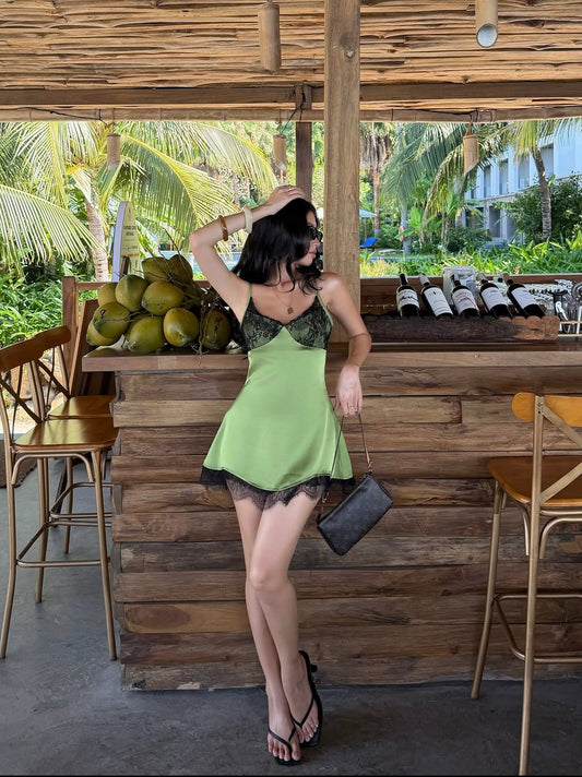 Cute A Line Straps Black Lace Green Satin Short Prom Dress Homecoming Dress DP7425