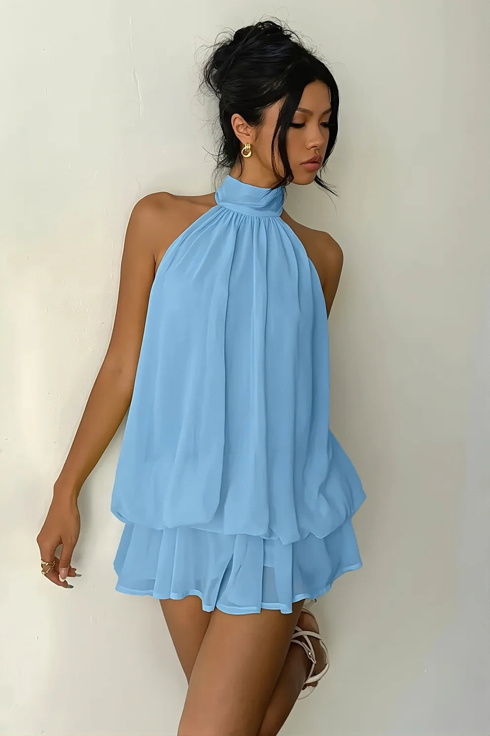 Blue A Line Halter Chiffon Backless Short Homecoming Dress DP7410