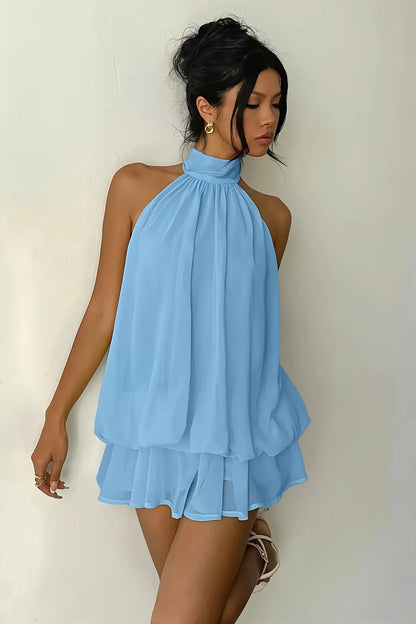 Blue A Line Halter Chiffon Backless Short Homecoming Dress DP7410